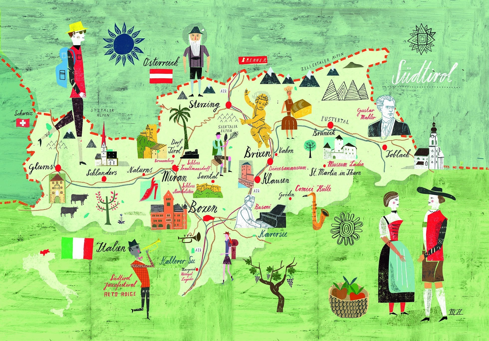Illustrated map of South Tyrol in Italy