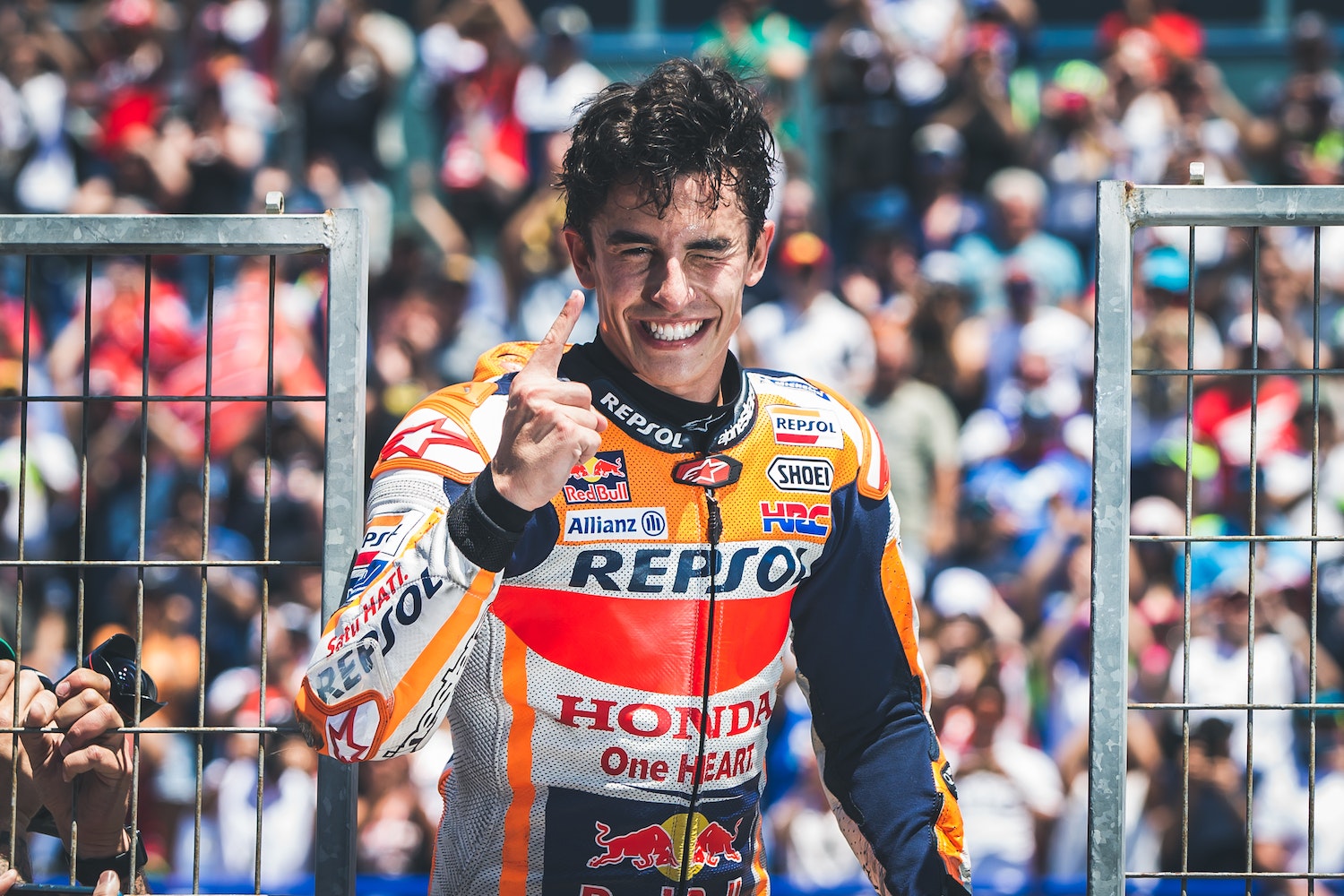 Marc Márques celebrating a MotoGP race victory.