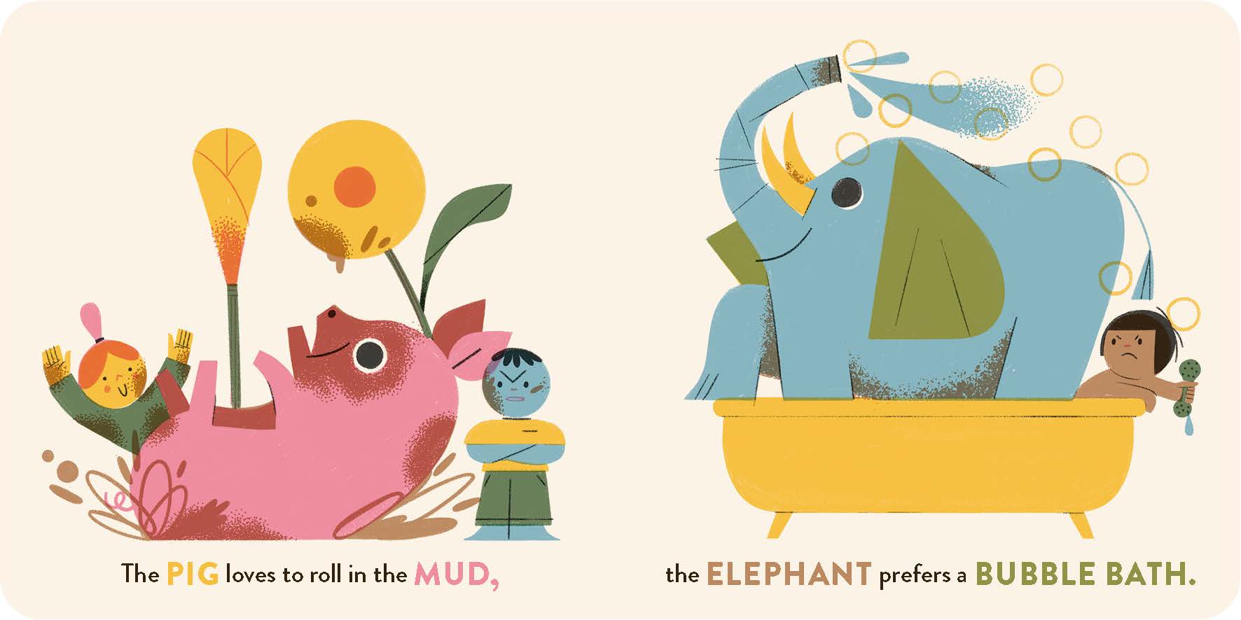 The pig loves to roll in the mud in The Animal Show by Little Gestalten