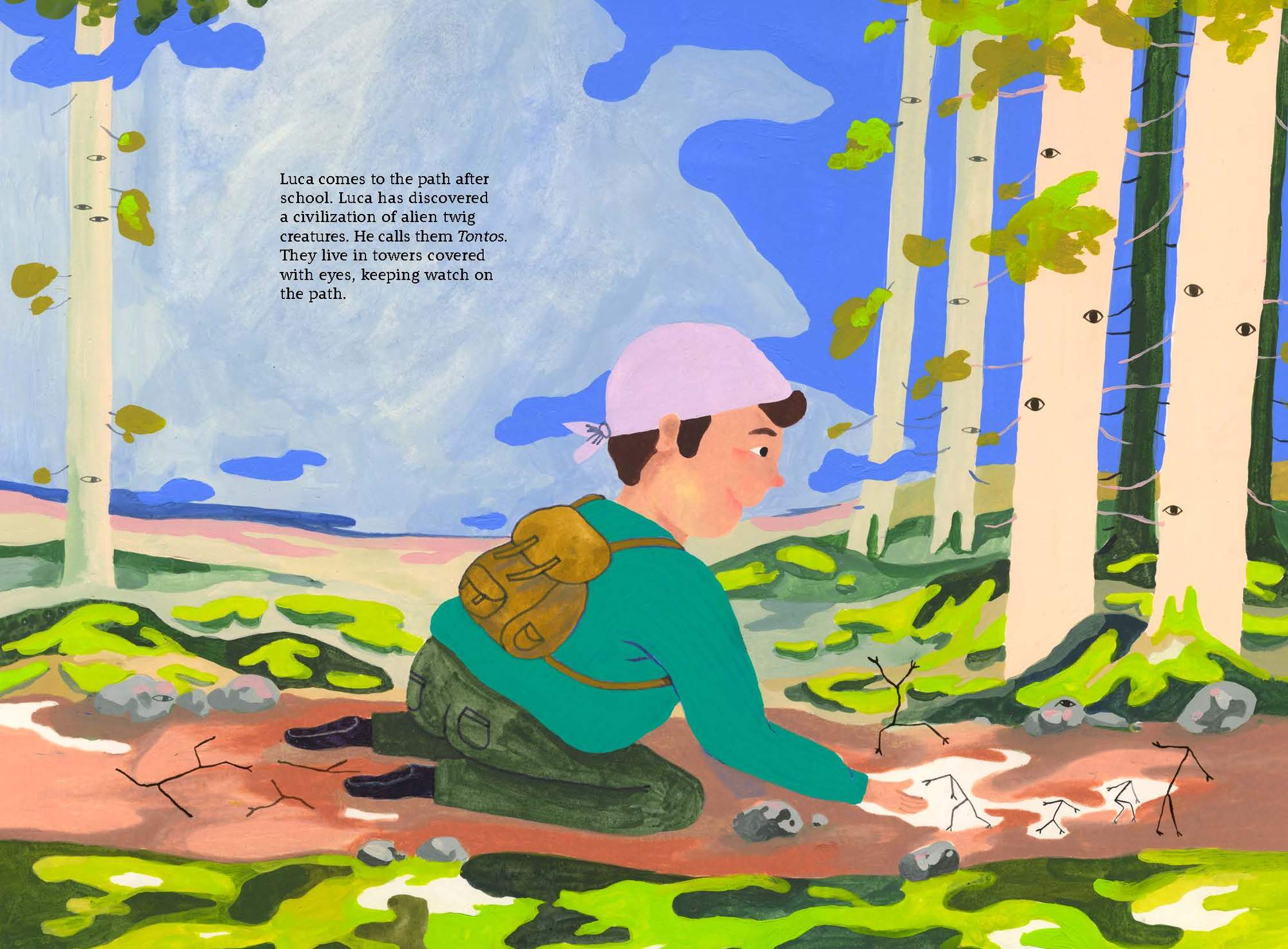 Luca comes to the path after school. Luca has discovered a civilization of alien twig creatures. He calls them Tontos. They live in towers covered with eyes, keeping watch on the path.